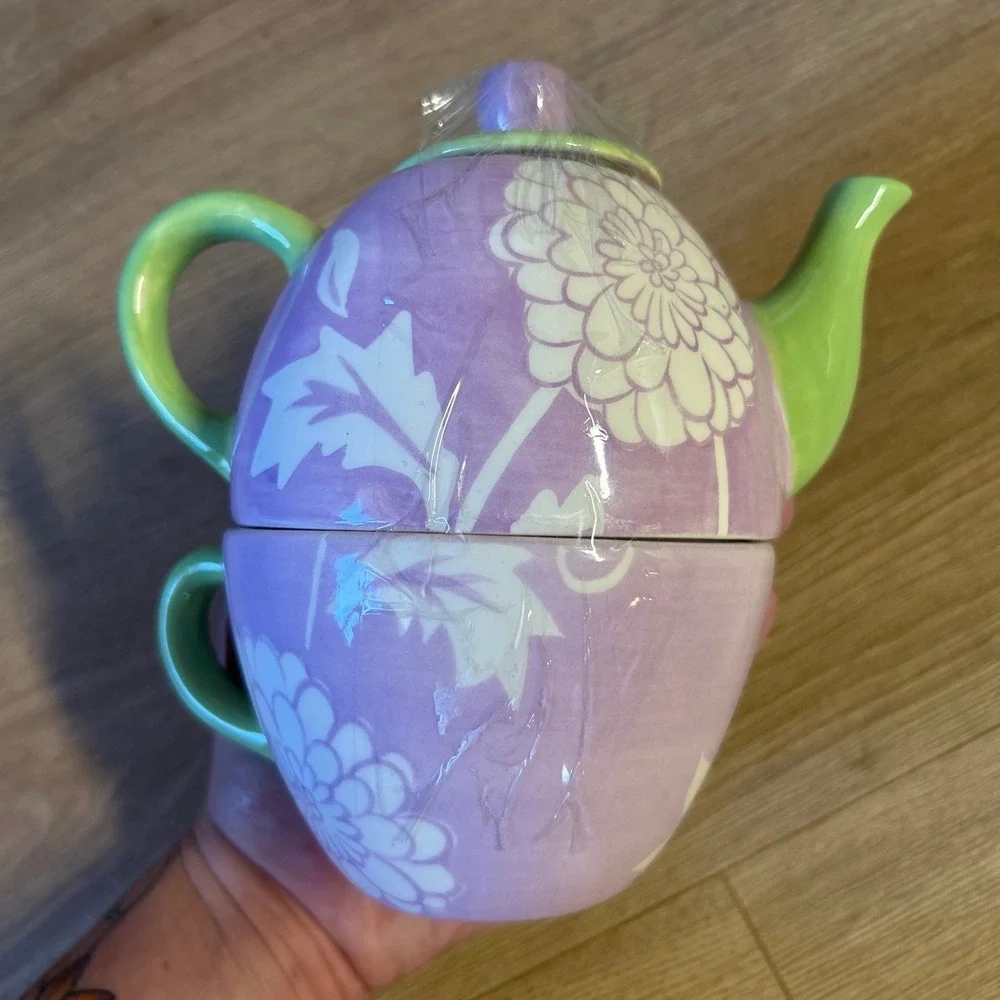 Clay Art Tea For One Stackable Ceramic Teapot and Cup Set Purple Green Floral